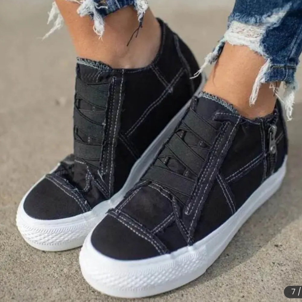 JOLIMALL CANVAS SLIP-ONS WOMEN SIZE 8 BLACK SIDE ZIPPER TENNIS SHOES BREATHABLE